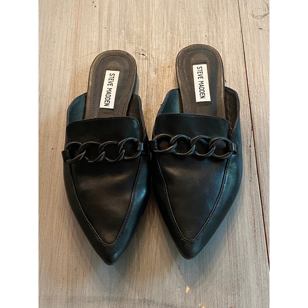 Steve Madden Levity Black Leather Pointed‎ Toe Chain Link Mules Flats